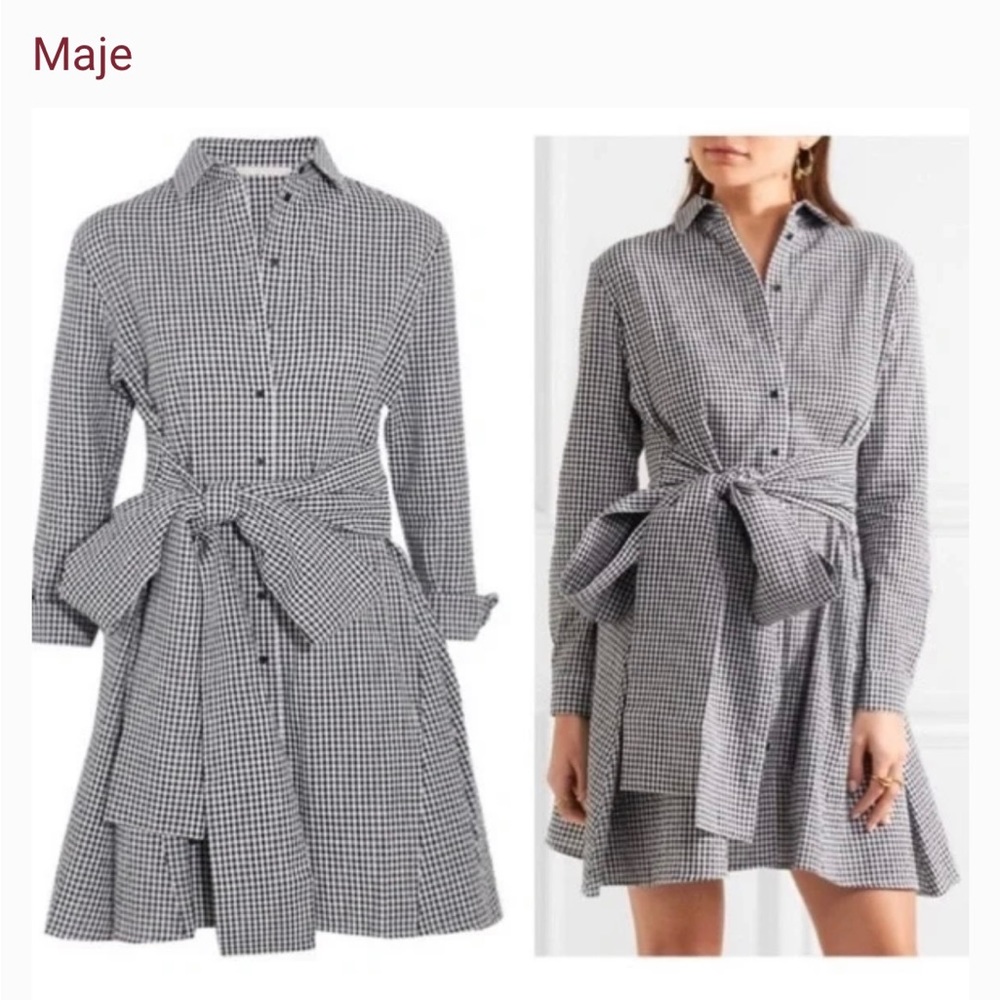 Maje Richy Seersucker Black & White Gingham Belted Shirtdress, side pockets, S 2